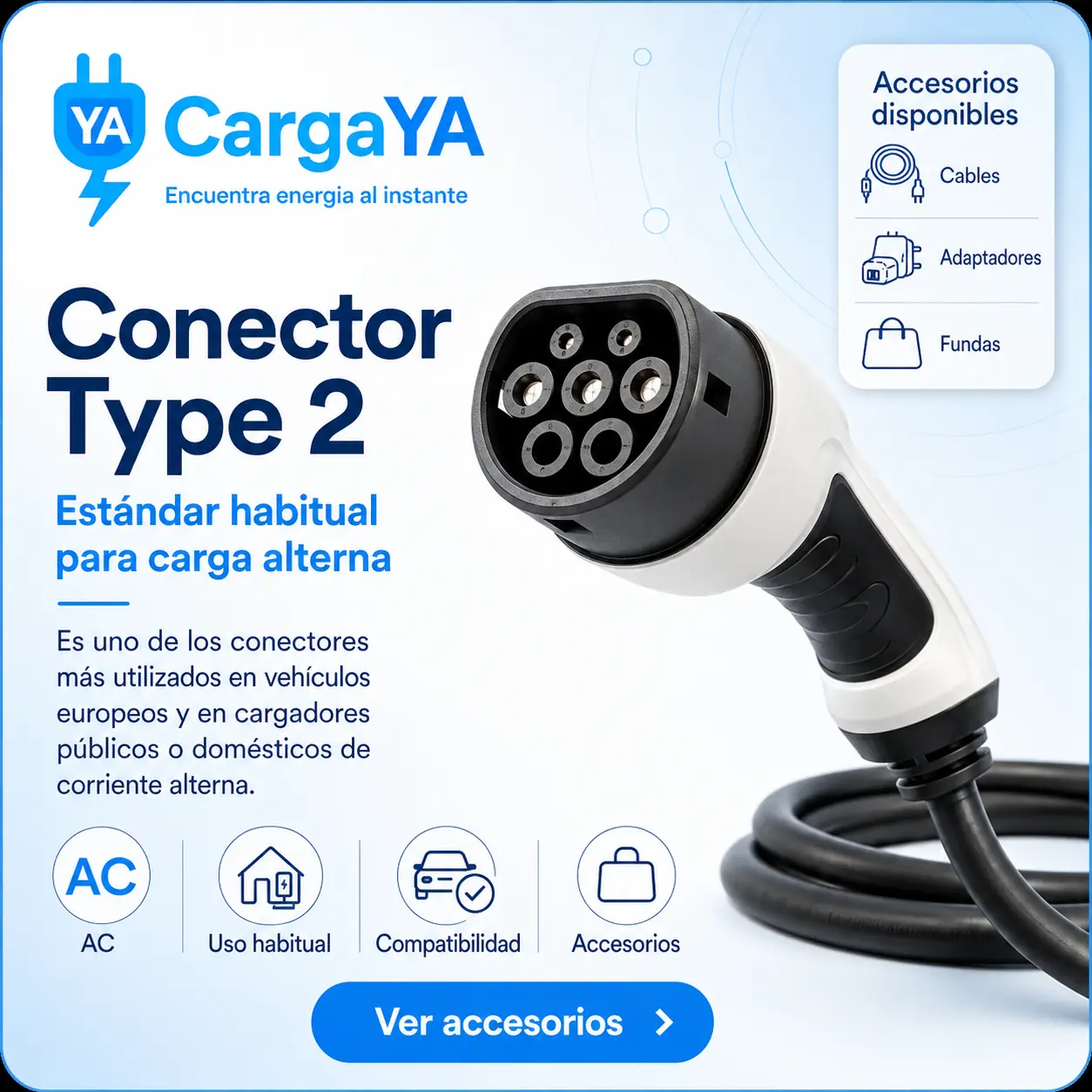 Conector Type 2 para carga alterna y accesorios compatibles